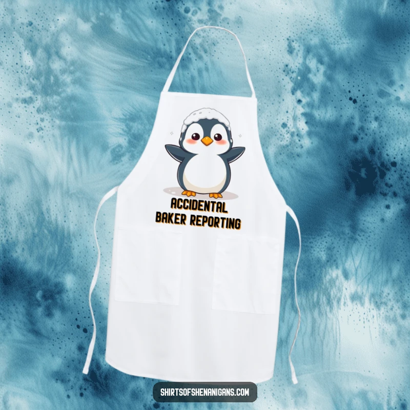 Funny Apron: Clumsy penguin covered in flour looks confused, ideal for humorous baking sessions.
