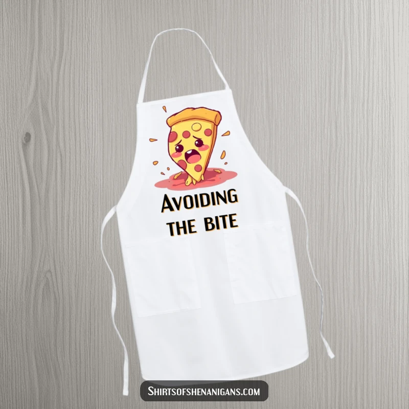 Funny apron with a bewildered pizza slice comically escaping a hungry mouth, perfect for a humorous cook.