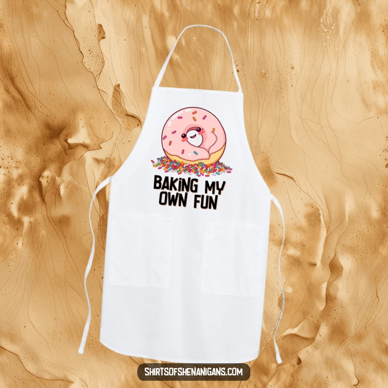 Funny Apron: Plump donut giggling as it rolls into sprinkles, a humorous and practical kitchen accessory.
