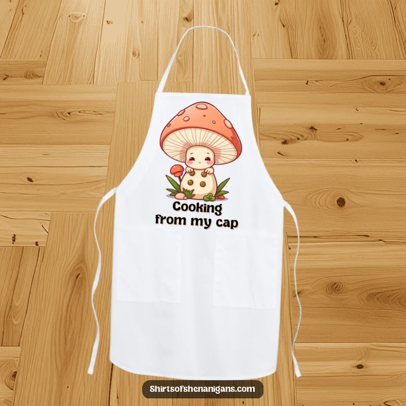 Funny Mushroom Chef Apron: Shy mushroom peeking from cap, wearing a chef hat, protecting clothes.