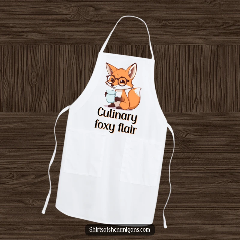 Funny fox apron featuring a monocled fox dramatically sipping tea, ideal for humorous and sophisticated cooking.