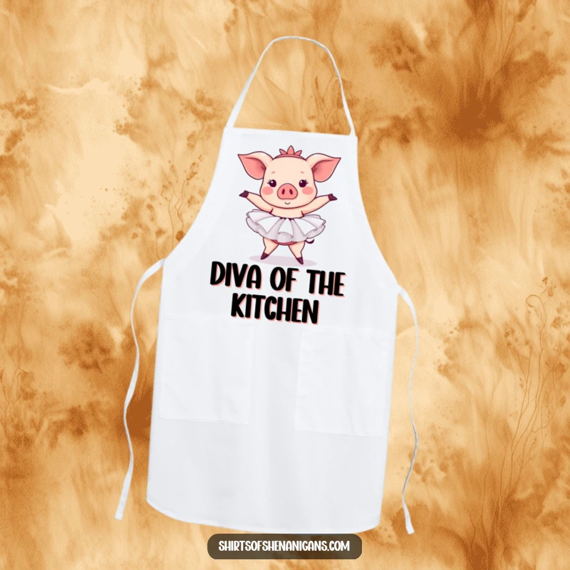 Funny pig ballet apron featuring a pig in a tutu attempting a ballet pose, ideal for humorous and charming cooking.