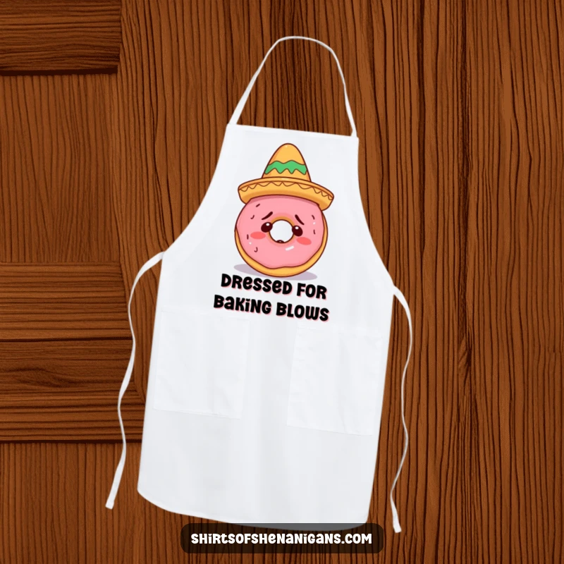 Funny Doughnut Sombrero Apron showing a confused doughnut wearing a small sombrero, keeping cooks clean with a humorous touch, a funny gift.