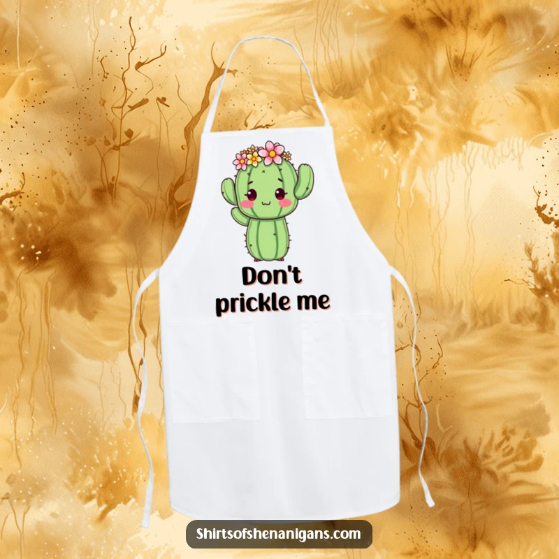 Funny cactus apron with a proud cactus wearing a flower crown, posing awkwardly, ideal for adding humor to cooking.