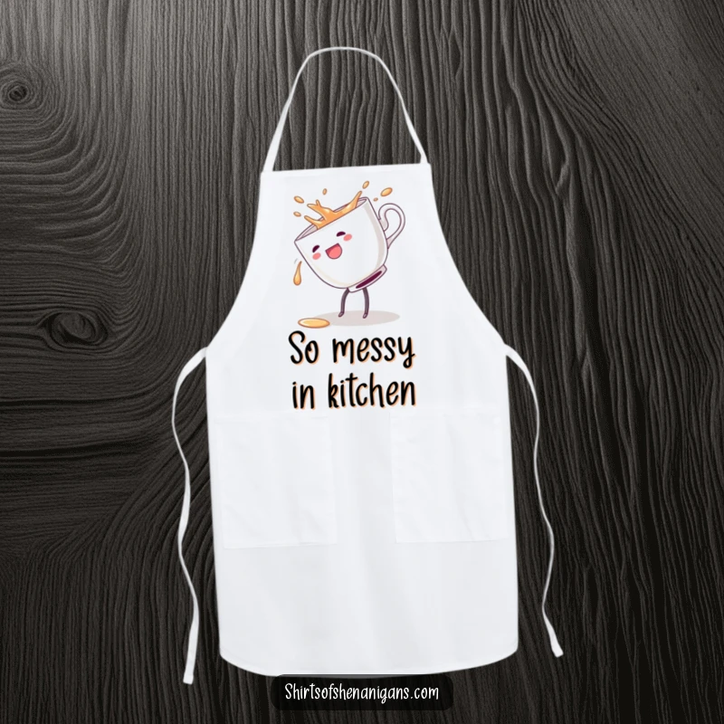 Funny apron with a teacup doing a cartwheel and spilling, perfect for cooking or baking with a sense of dynamic fun.