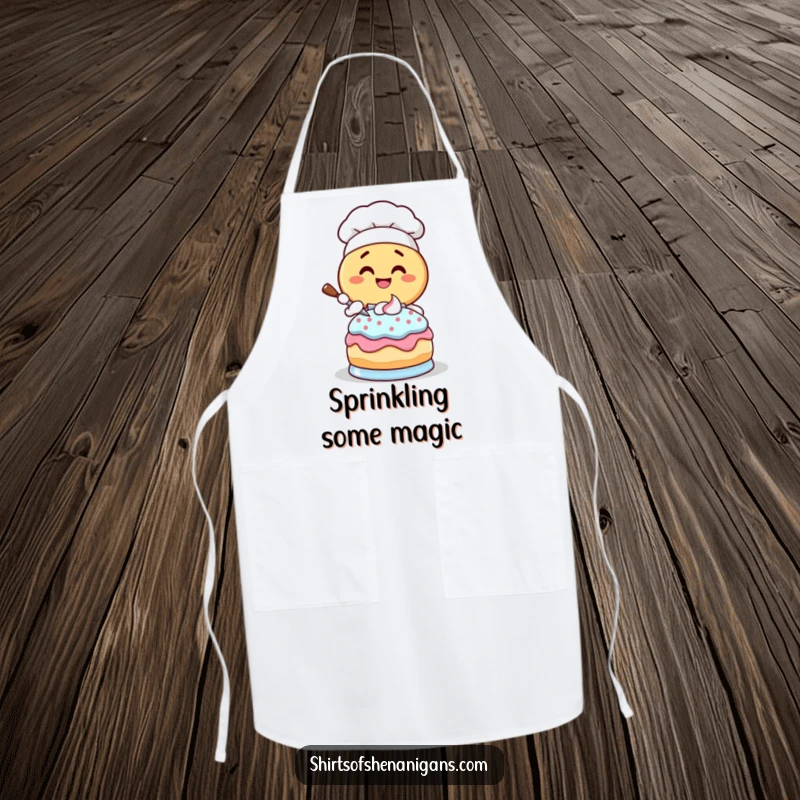 Funny Donut Chef Apron: Giggling cartoon donut character frosting a cake, a fun and practical kitchen accessory.