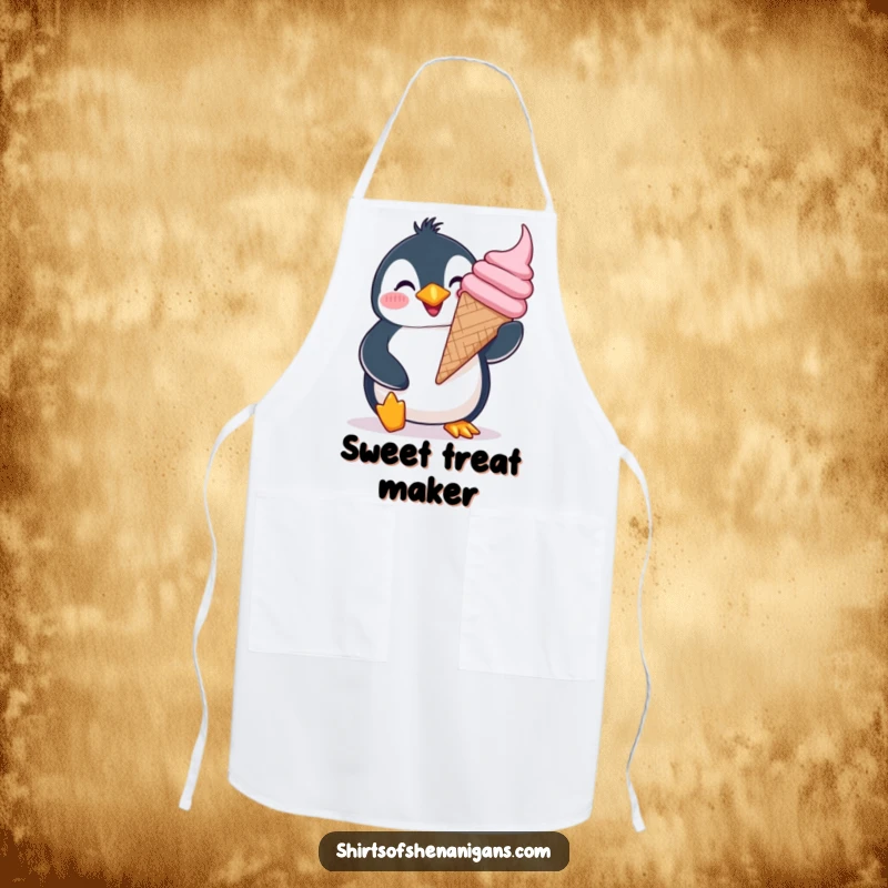 Funny giddy penguin apron, happily balancing a giant ice cream cone with a silly grin, for cheerful cooking.