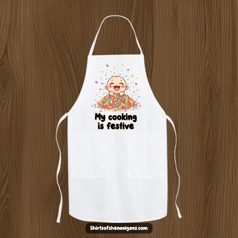 Funny Giggling Confetti Apron showing a colorful pile of confetti celebrating, keeping hosts clean with humor, a funny gift.