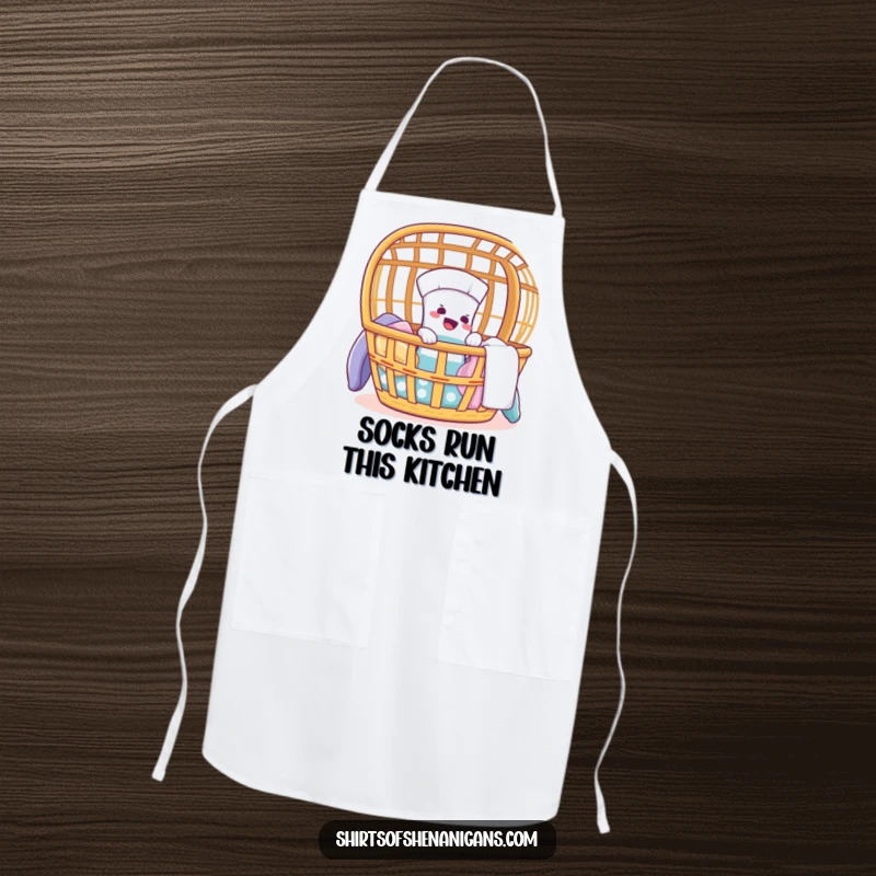 Funny apron featuring a giggling sock making a comical escape from a laundry basket.