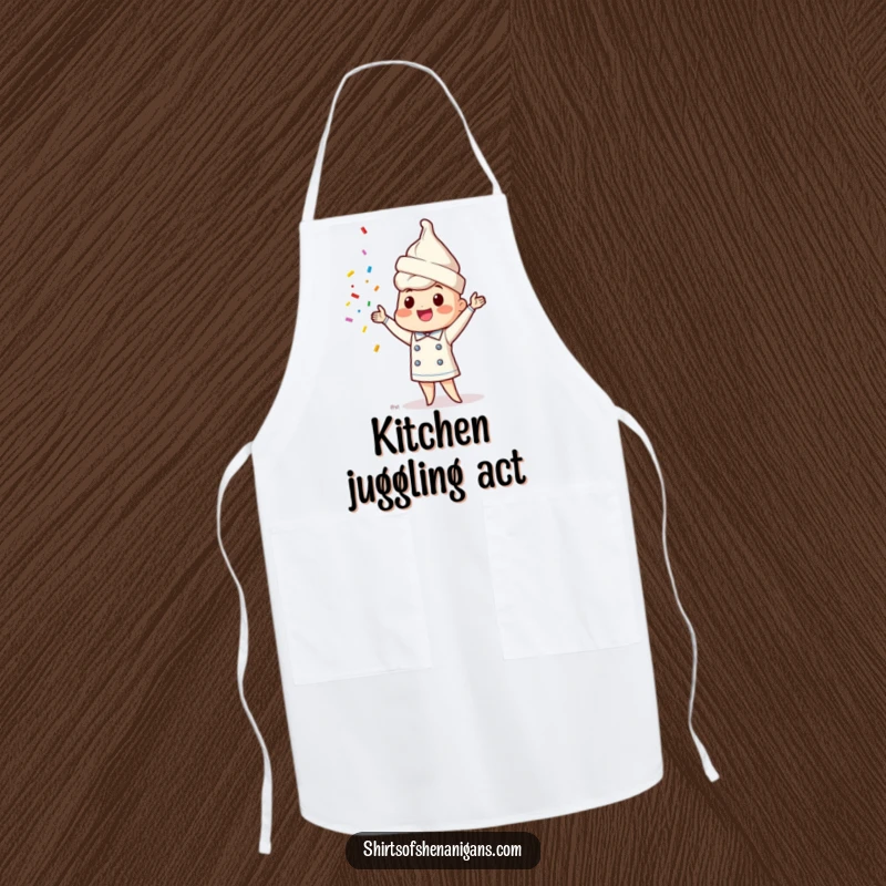 Funny ice cream cone chef apron showing a happy character juggling sprinkles, for the kitchen.