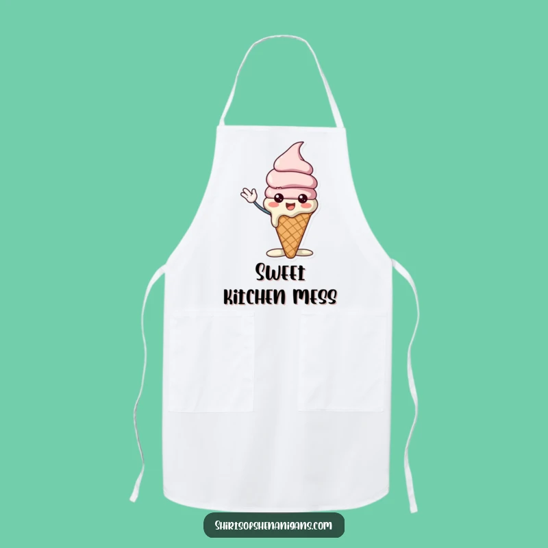 Funny Ice Cream Cone Apron - Cheerful Melting Character & Waving Chef Gift