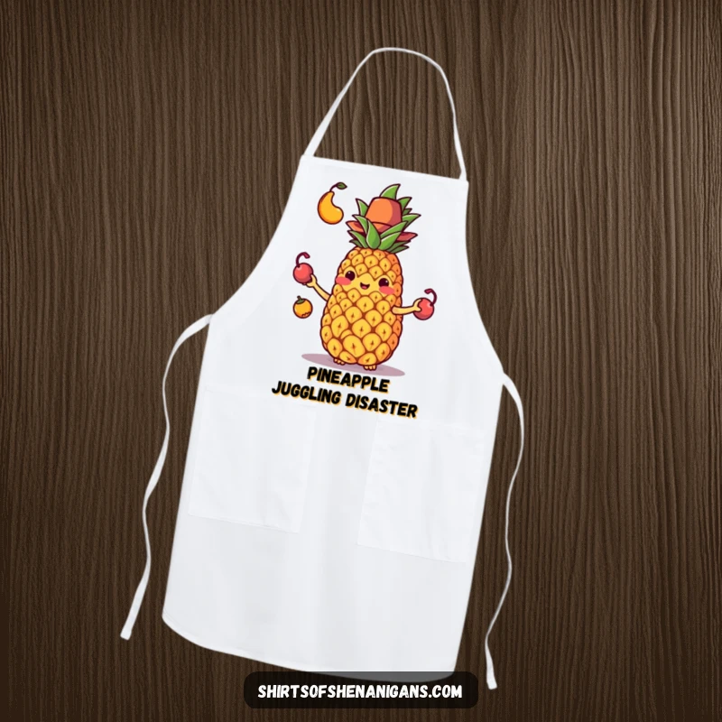 Funny apron featuring a pineapple struggling to juggle fruit while wearing a tiny hat, a comical kitchen scene.