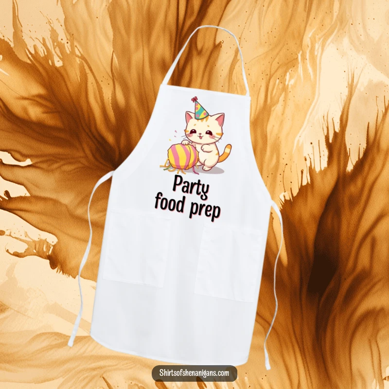 Funny apron featuring a cat in a party hat accidentally knocking over a piñata, kitchen party fun.
