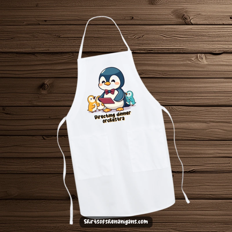 Funny apron featuring a penguin in a bowtie conducting an orchestra of squeaks, perfect for a fun kitchen experience.