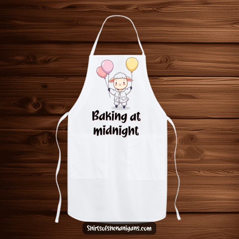 Funny apron with a sheep in pajamas hilariously attempting to herd floating balloons, adding a touch of dreamlike fun to cooking.
