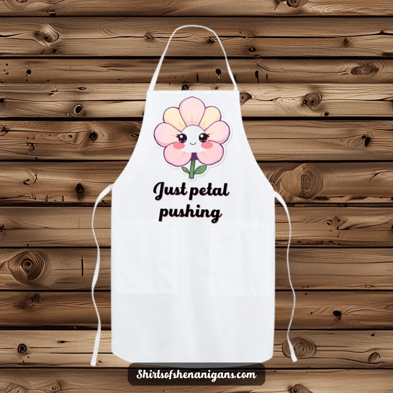 Funny apron featuring a shy flower with a sweet, hesitant smile, ideal for kitchen use with a dose of endearing humor.