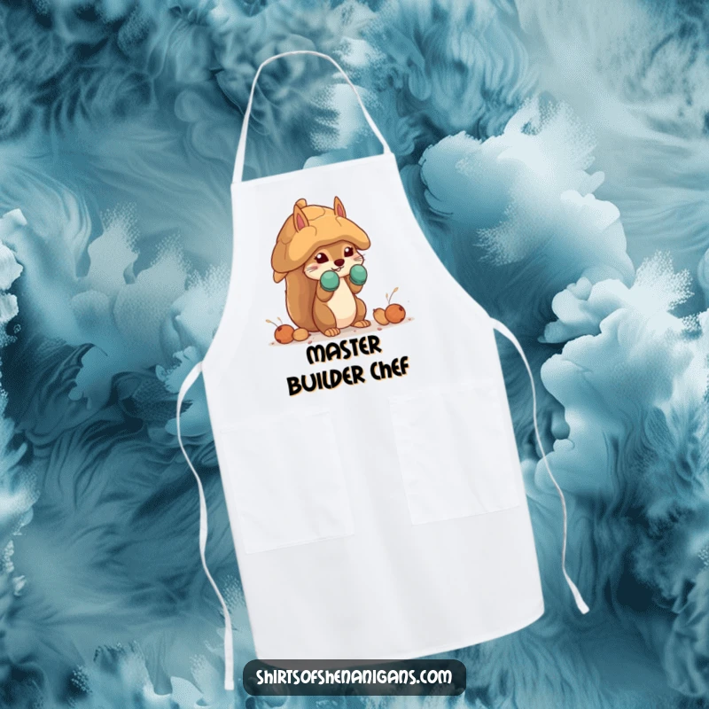 Funny squirrel apron featuring a squirrel in mittens building a giant nut house, ideal for humorous and practical cooking.