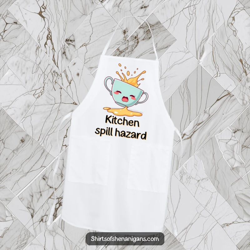 Funny apron featuring a startled teacup dramatically spilling its contents.