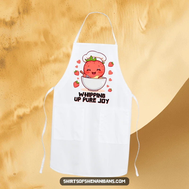 Funny Strawberry Chef Apron: Cheerful cartoon strawberry happily mixing batter, protecting clothes with a smile.