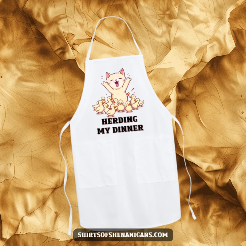 Funny apron with a chaotic cat herding ducks, ideal for pet owners in the kitchen and a practical, funny gift.