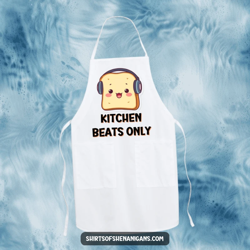 Funny apron showing a startled piece of toast wearing large headphones, perfect for a musical chef.