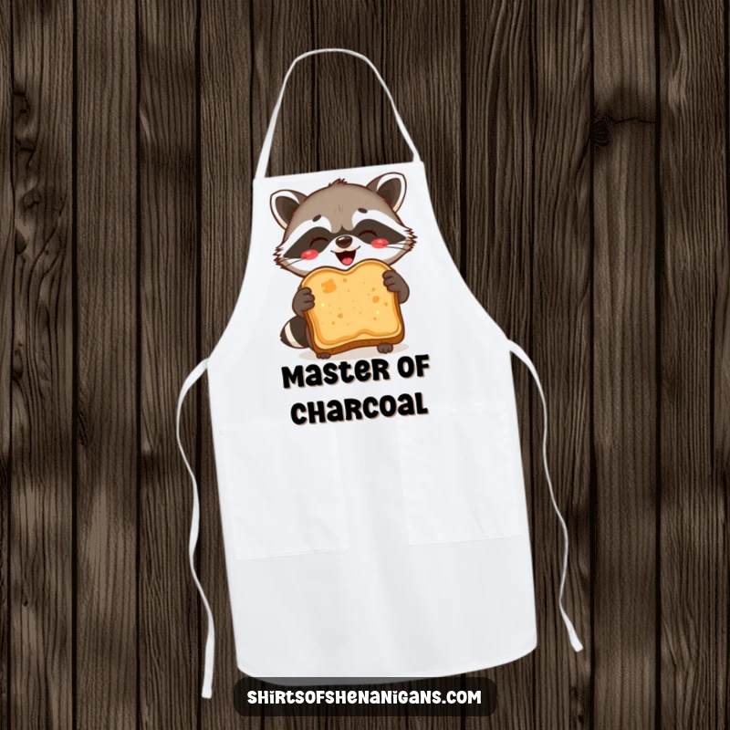 Funny Apron: Delighted raccoon proudly holds burnt toast, ideal for humorous cooking sessions.