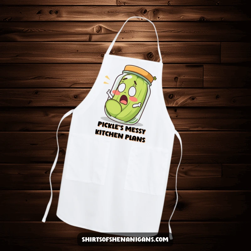 Funny shocked pickle escaping a jar with a surprised look, printed on a practical kitchen apron.
