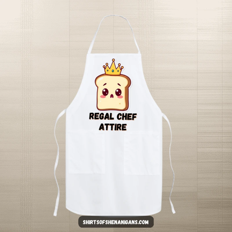 Funny Toast Apron: A surprised slice of toast wearing a tiny crown, ready for kitchen duties with regal flair.