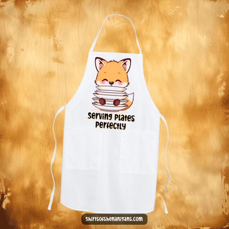 Funny Apron: A cute fox cub balancing a stack of plates on its nose, bringing humor and charm to the kitchen.