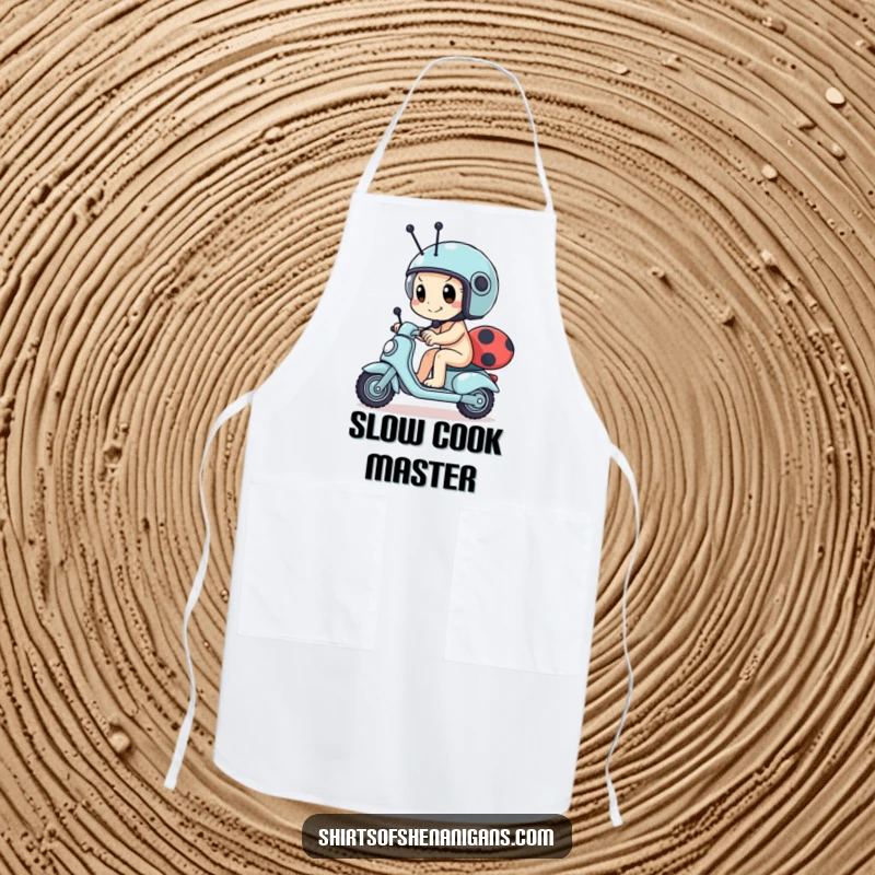 Funny snail apron showing a determined snail wearing a tiny helmet, racing a ladybug scooter, perfect for kitchen adventures.