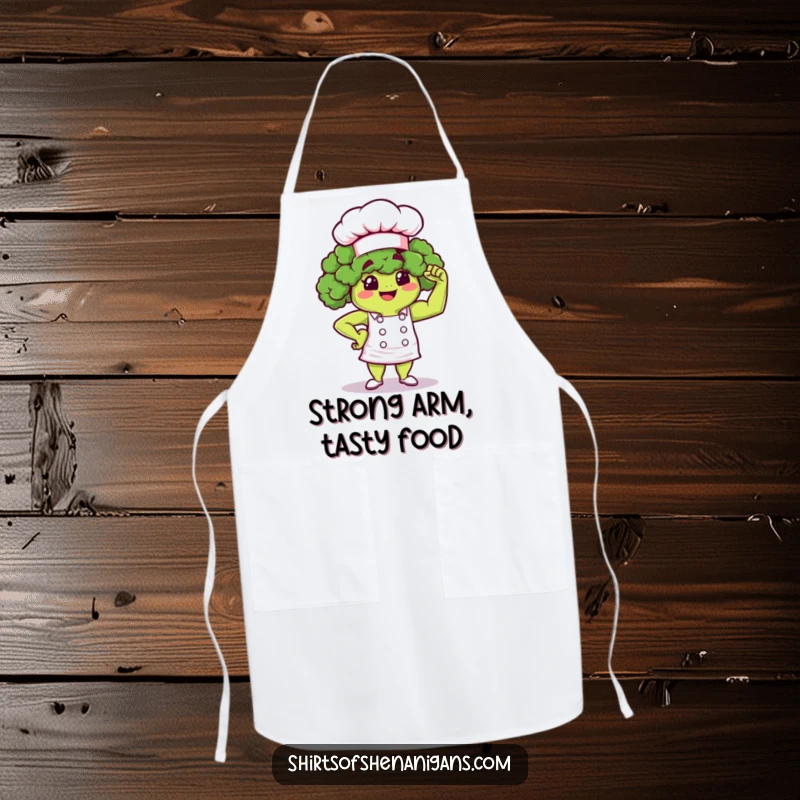 Funny Broccoli Chef Apron: Proud broccoli flexing muscle, wearing a chef hat, protecting clothes with strength.