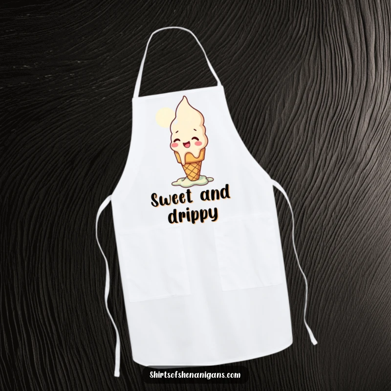 Funny apron showing a giggling ice cream cone melting in the sun, perfect for a playful cook.