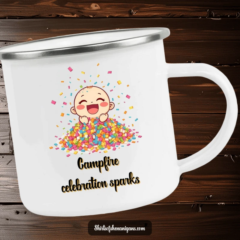 Funny Giggling Confetti Camping Mug showing a vibrant pile of confetti celebrating, perfect for outdoor parties and a funny gift.