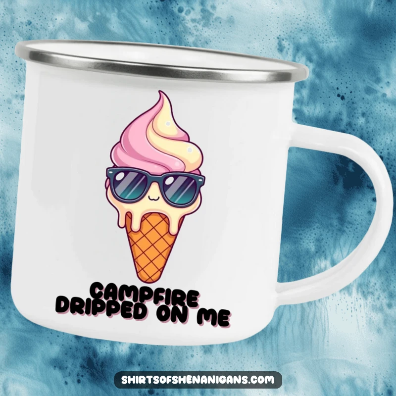Funny, durable camping mug featuring a melting ice cream cone wearing sunglasses, looking relieved and ready for adventure.