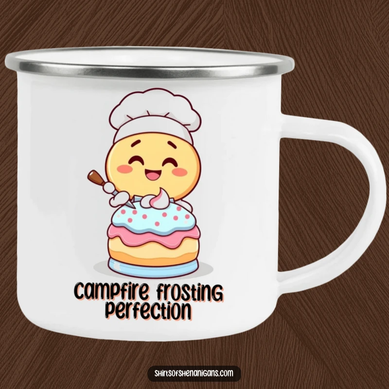 Funny Donut Chef Camping Mug: Giggling donut character frosting a cake, perfect for outdoor beverages.