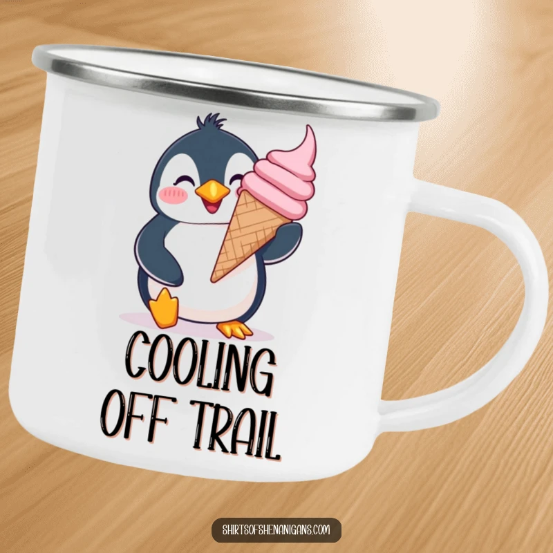 Funny giddy penguin camping mug, joyfully balancing a giant ice cream cone with a silly grin, for outdoor cheer.