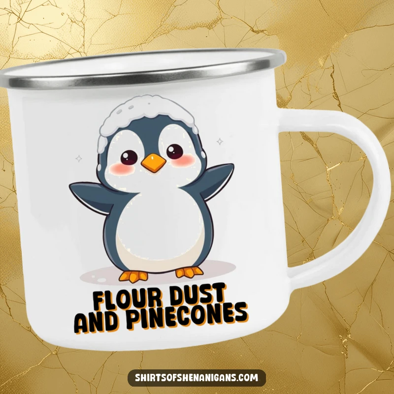 Funny Camping Mug: Clumsy penguin covered in flour looks confused, ideal for humorous outdoor brews.