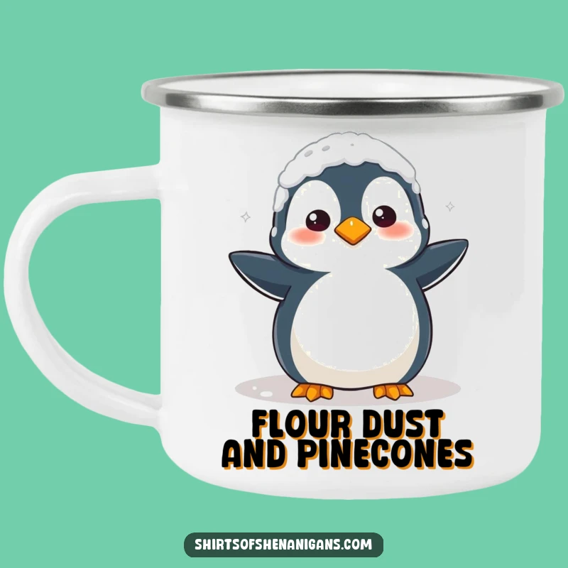 Funny Penguin Baking Camping Mug: Clumsy Flour Mess, Adventure-Ready Humor!