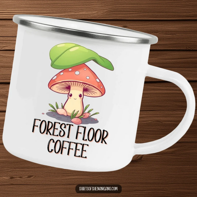 Funny shy mushroom peeking from under a leaf on a sturdy camping mug, designed for outdoor humor enthusiasts.