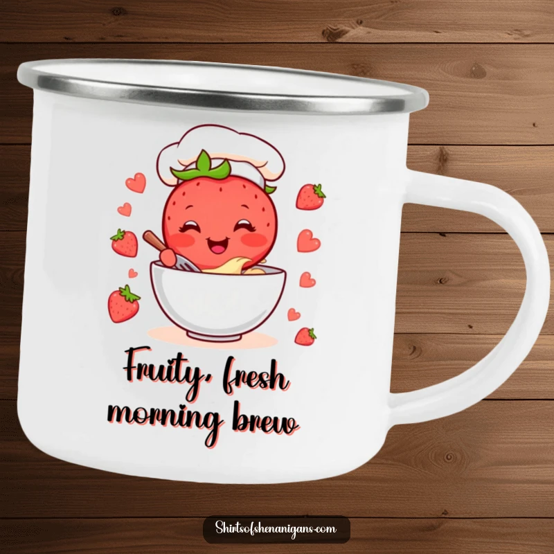 Funny Strawberry Chef Camping Mug: Cheerful strawberry character mixing batter, perfect for outdoor coffee.