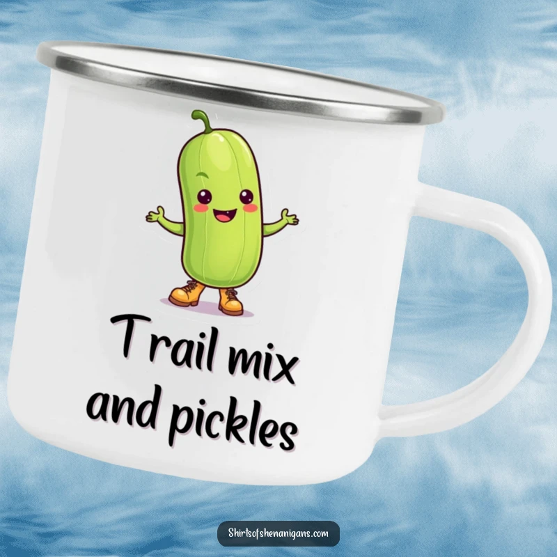 Funny Pickle Camping Mug: A dancing pickle wearing tiny boots, embodying outdoor fun and cheer.