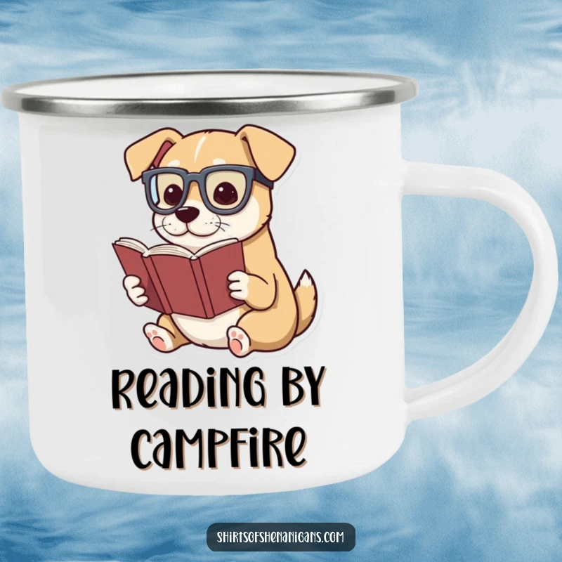 Funny camping mug with a dog wearing glasses, dramatically reading a tiny book.