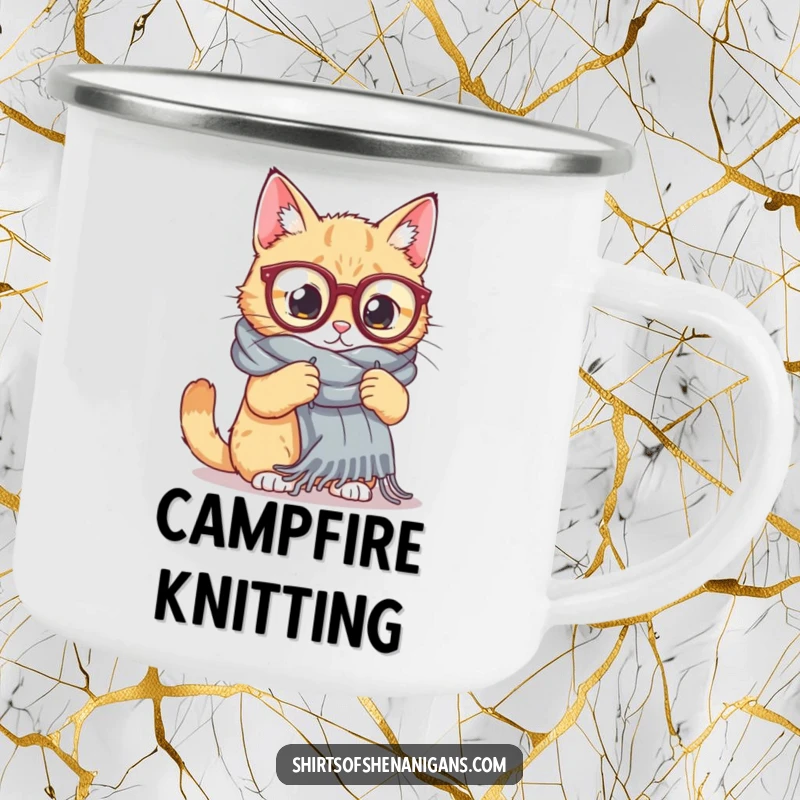 Funny Cat Knitting Camping Mug: A cat in large glasses attempts to knit a huge scarf, adding fun to outdoor drinks.