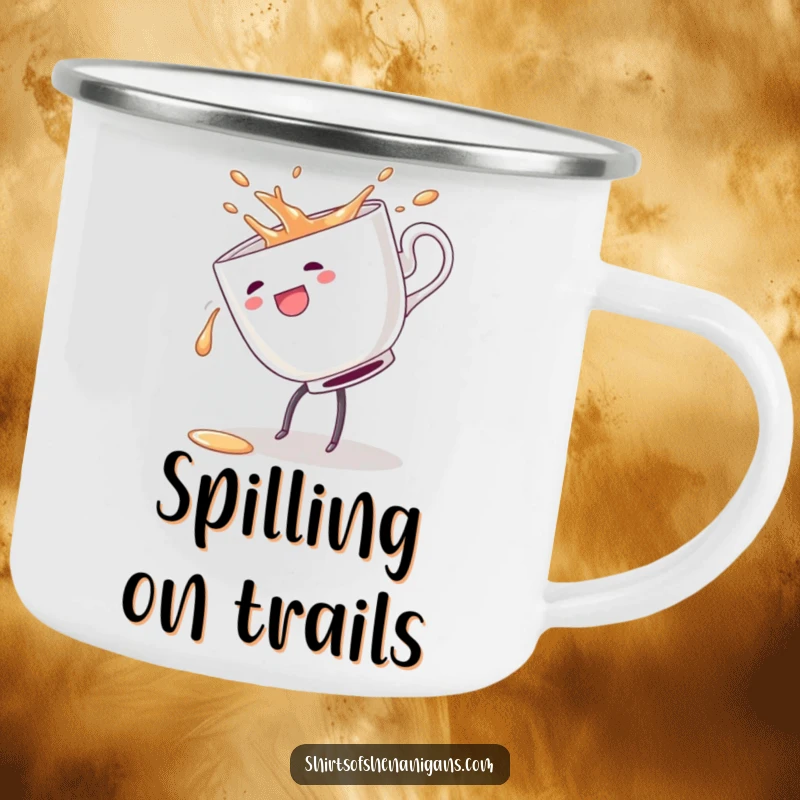 Funny camping mug with a teacup doing a cartwheel and spilling, ideal for enjoying drinks with a playful twist.