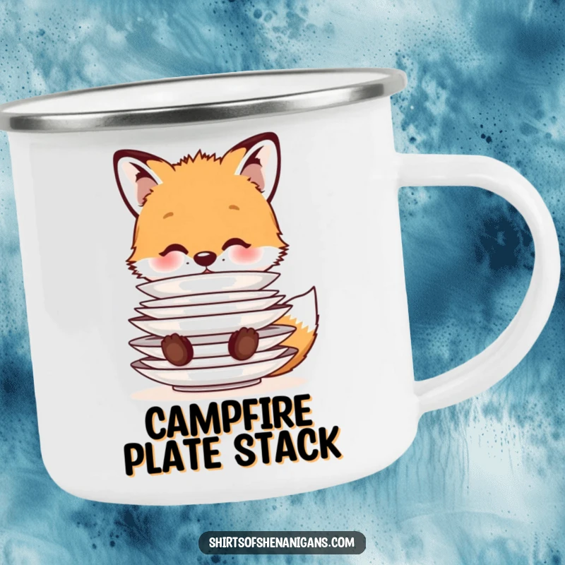 Funny Camping Mug: A cute fox cub balancing a stack of plates on its nose, ideal for outdoor enthusiasts who love charming animal designs.