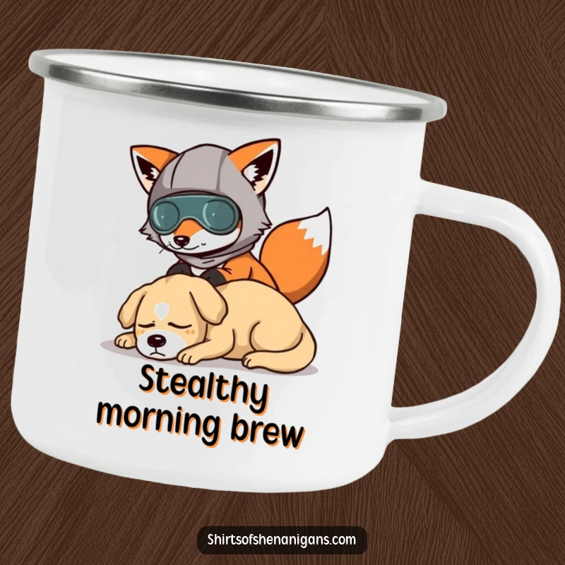 Funny camping mug with a fox in disguise, humorously sneaking past a dog, for outdoor enthusiasts.