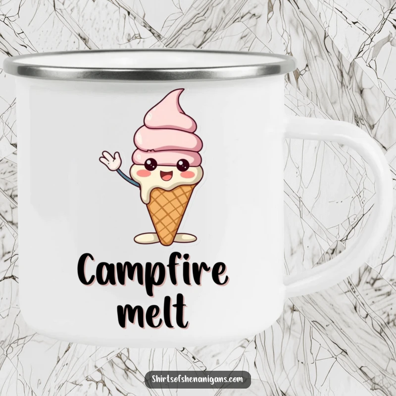Funny ice cream cone camping mug showing a cheerful character slightly melting while waving excitedly, great for outdoor fun and smiles.