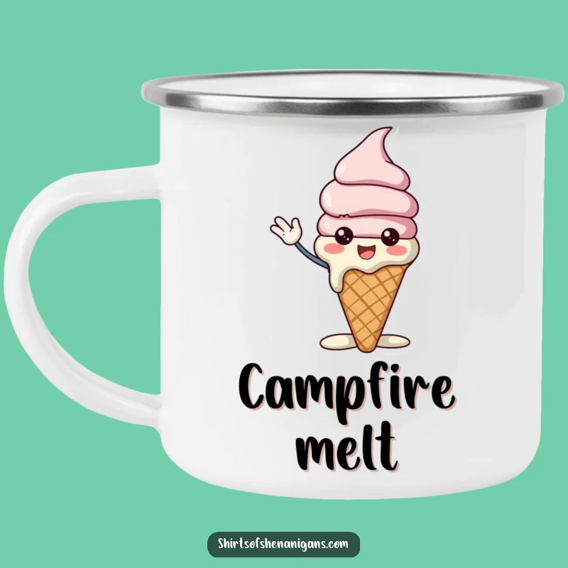 Funny Ice Cream Cone Camping Mug - Cheerful Melting Character & Waving Outdoor Gift