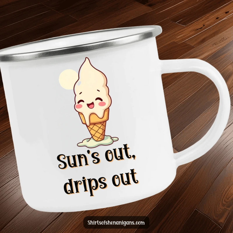 Funny camping mug with a giggling ice cream cone melting in the sun, a fun outdoor novelty.