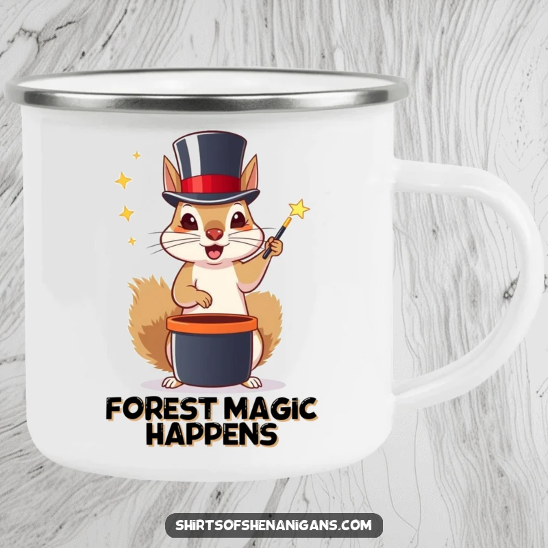 Funny camping mug with a squirrel in a top hat performing magic tricks, perfect for outdoor beverage enjoyment.